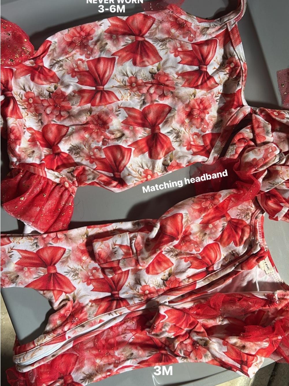 Red Bow Floral Baby Romper with Matching Headband